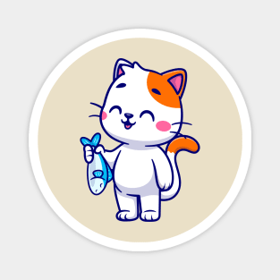 Cute Cat Holding Fish Cartoon Magnet